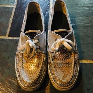 Sperry’s silver and white boat shoes